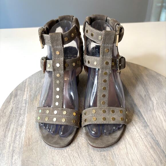 Laurence Dacade Suede Studded Block Heel Sandals Gray Taupe EU 37.5 US 7.5 Italy - Picture 4 of 13